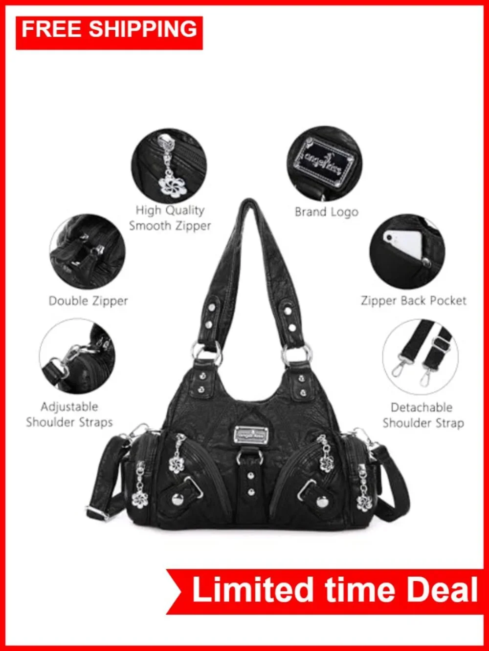 Women's Small Hobo Shoulder Bag - Faux Leather Multi-Pocket Tote with Zipper